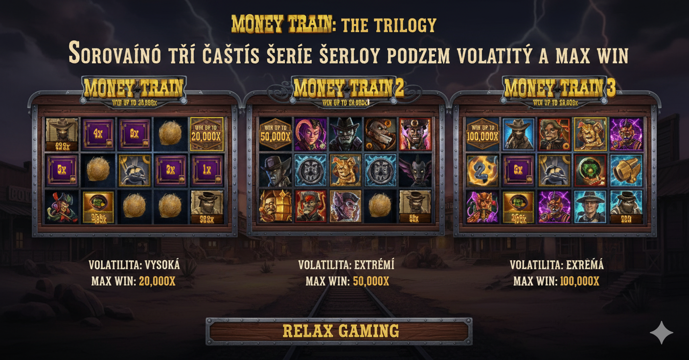 Comparison of three Money Train series parts from Relax Gaming by volatility and max win