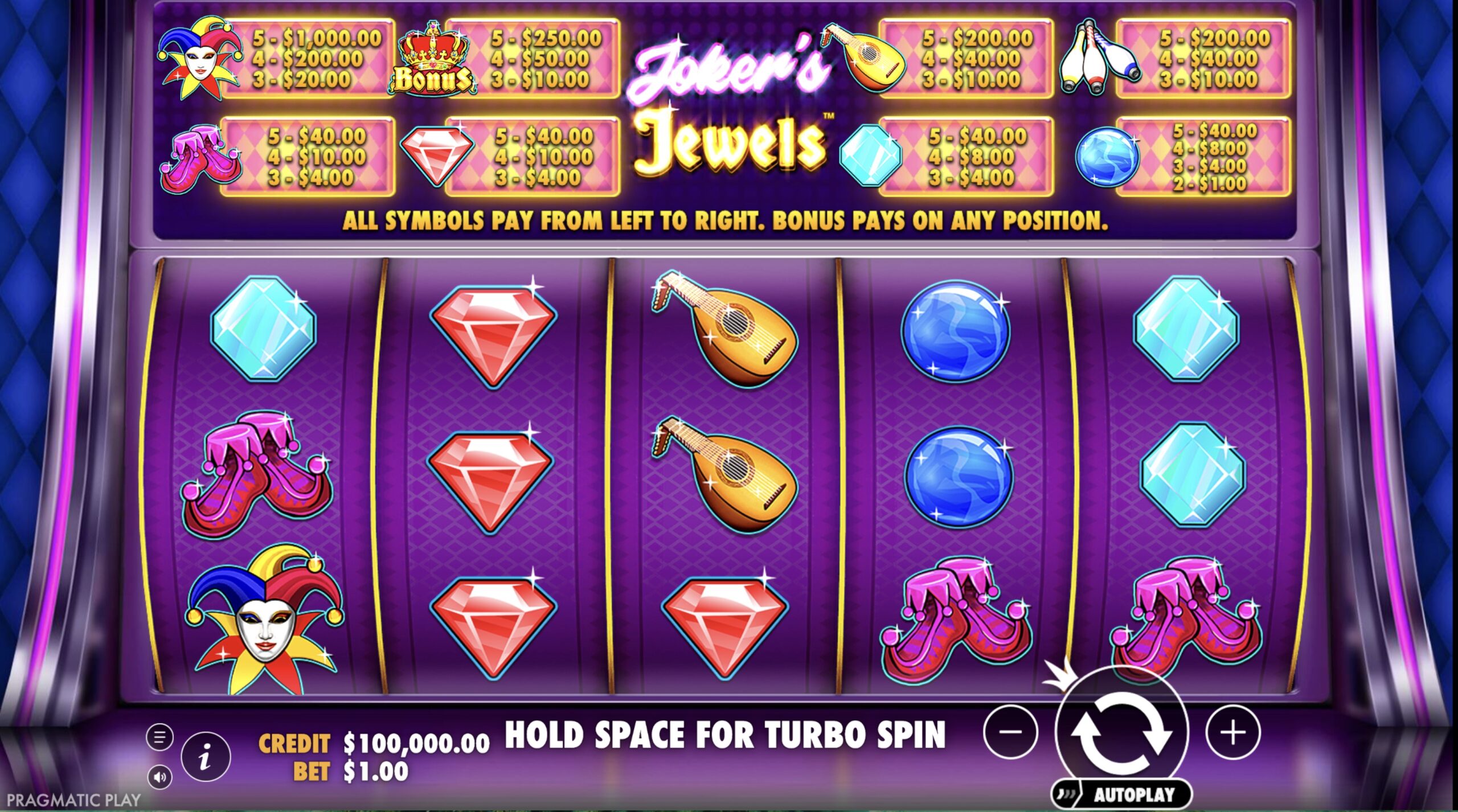 Joker's Jewels slot game interface with classic symbols
