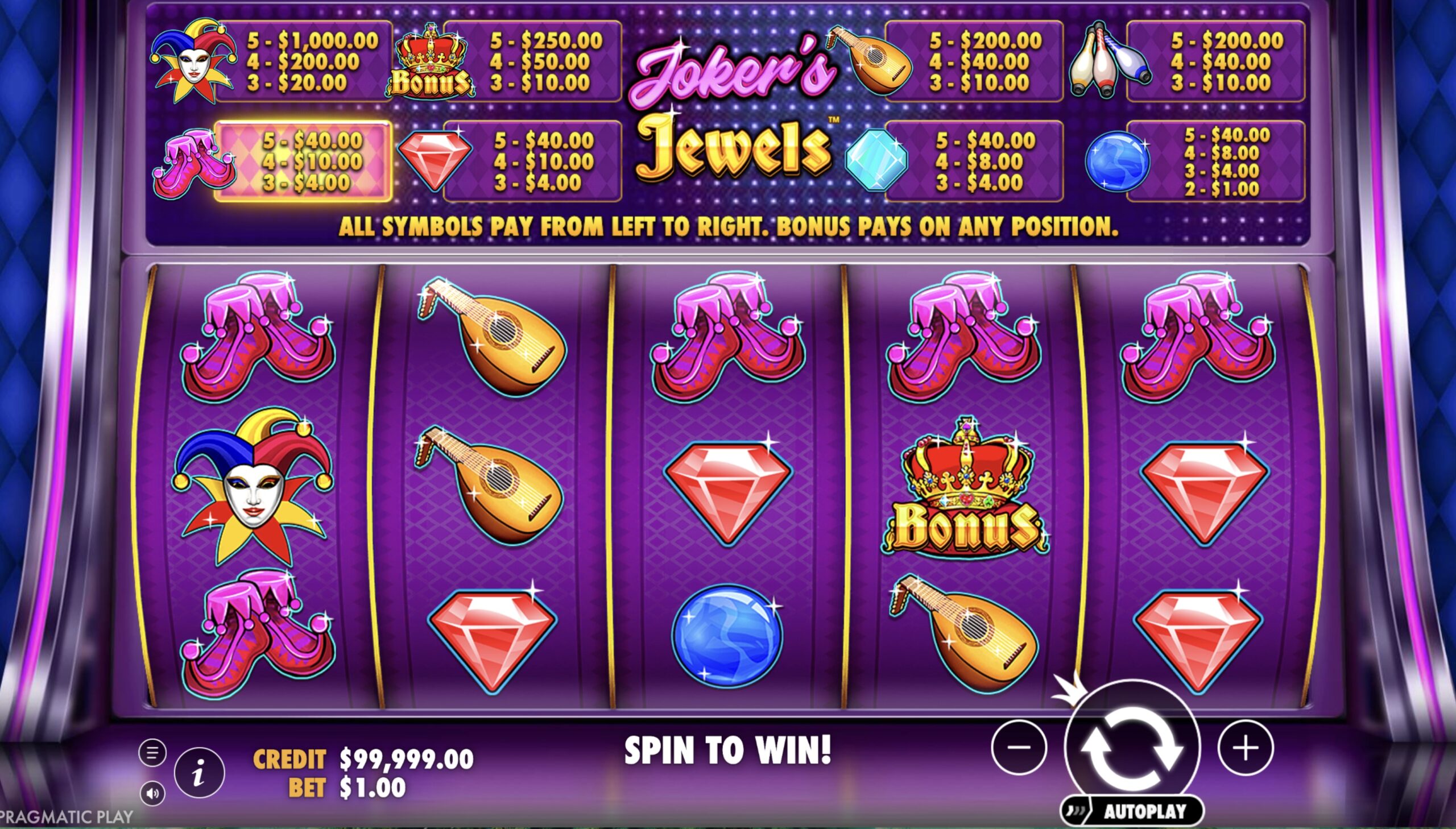 Symbol payout table in Joker's Jewels slot machine