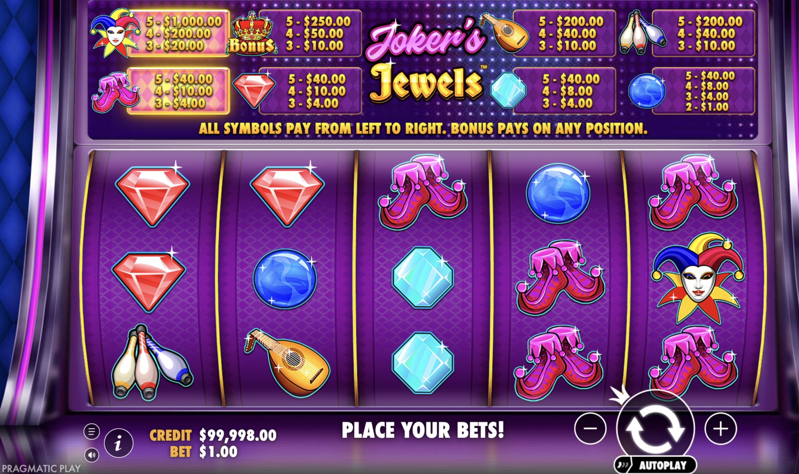 Automatic mode settings and autospin functions in Joker's Jewels slot