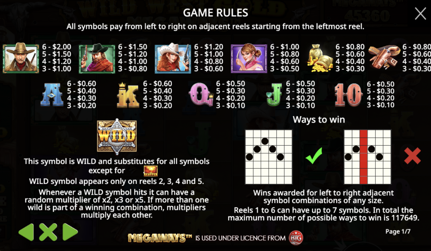 Symbols and paytable of Wild West Gold Megaways