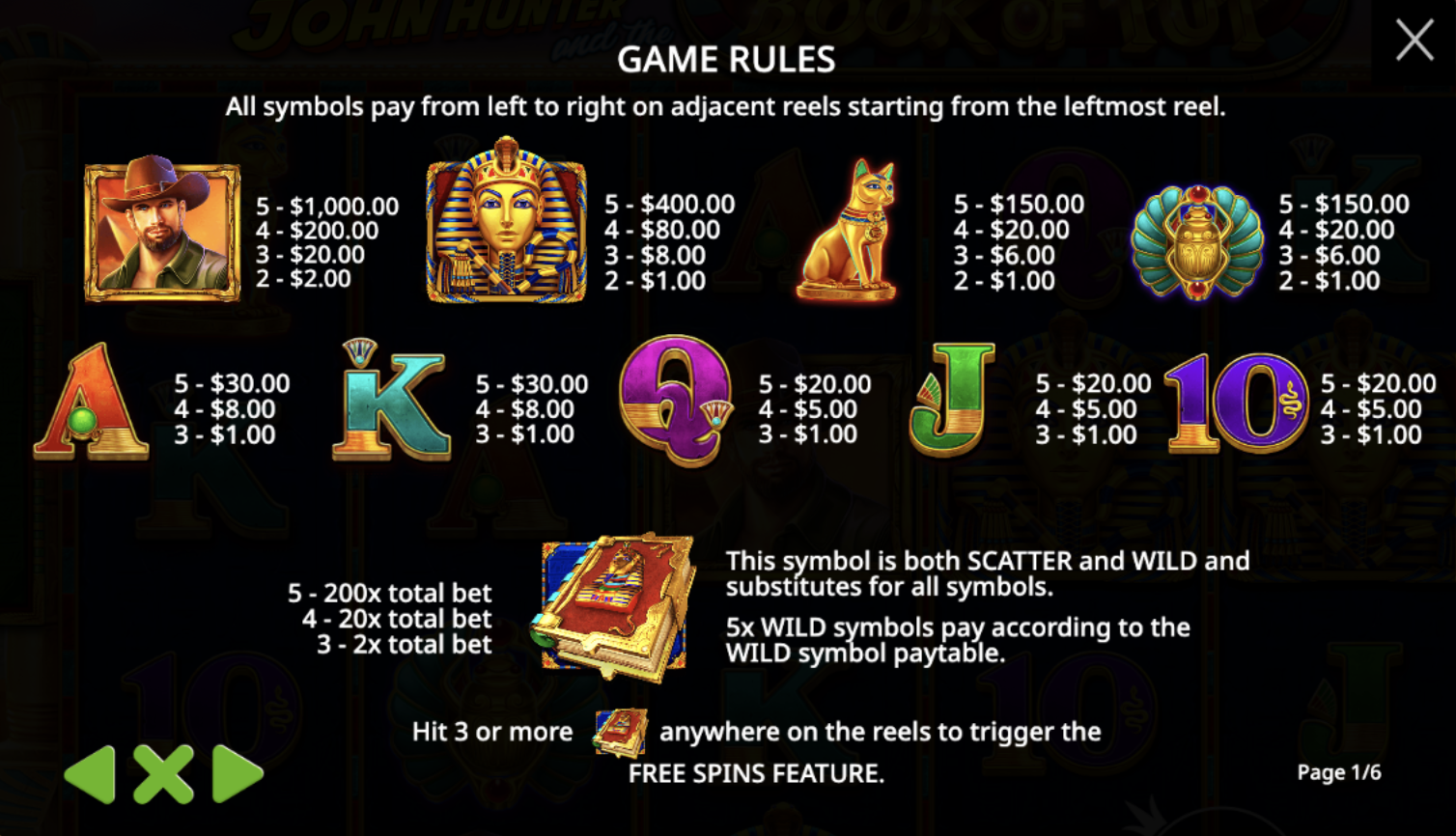 Symbols and paytable of John Hunter and the Book of Tut with Egyptian theme