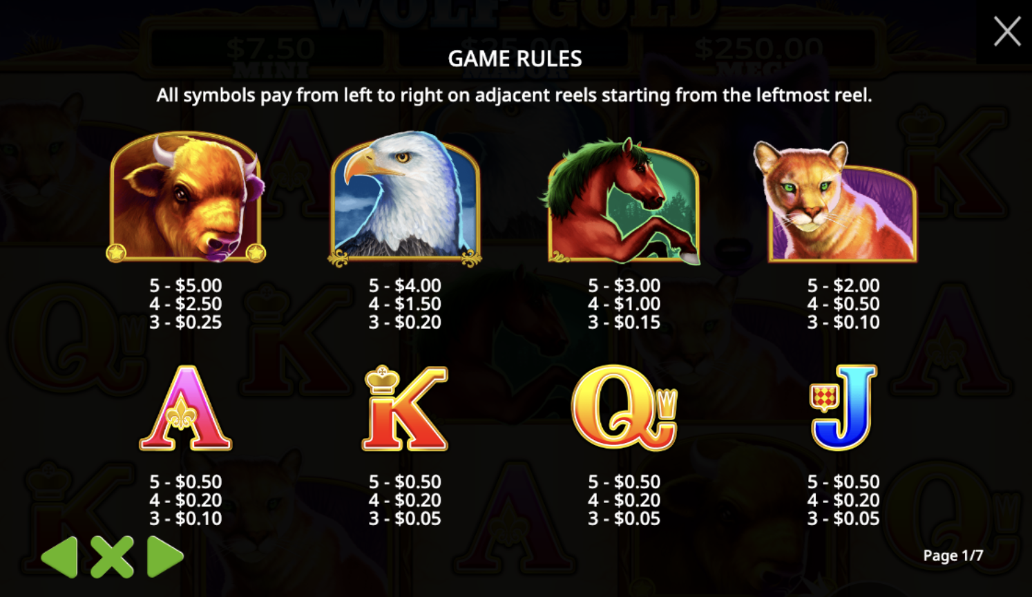 Symbols and paytable of Wolf Gold with wilderness theme