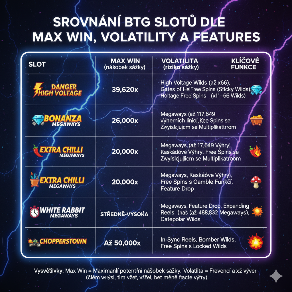 Comparison of BTG slots by max win volatility and features