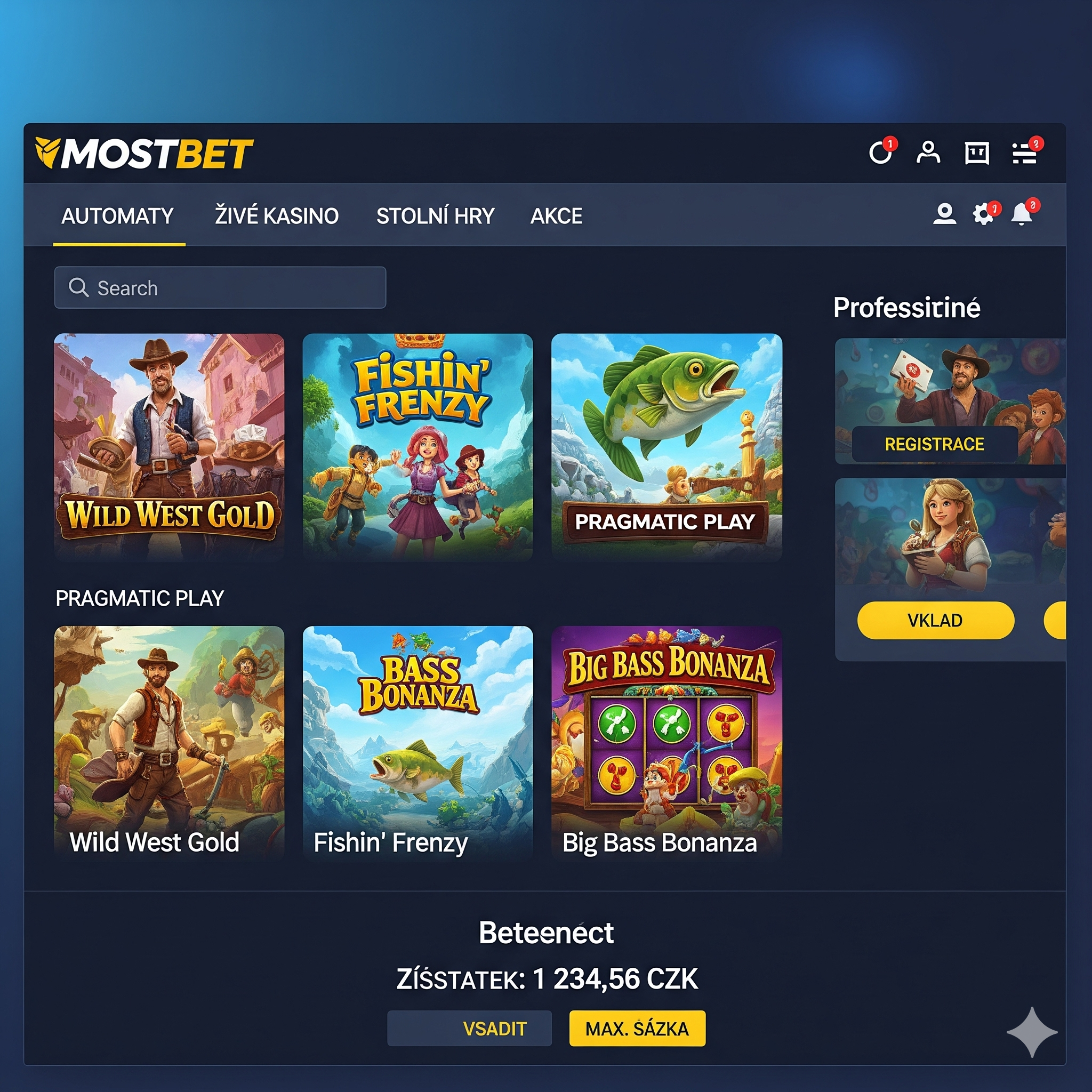 Mostbet casino user interface for players