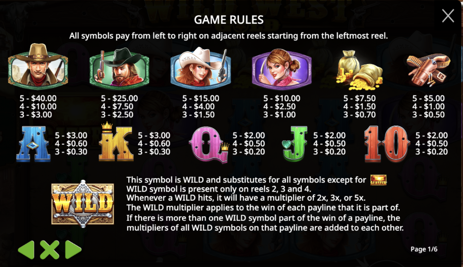Western symbols and paytable of Wild West Gold