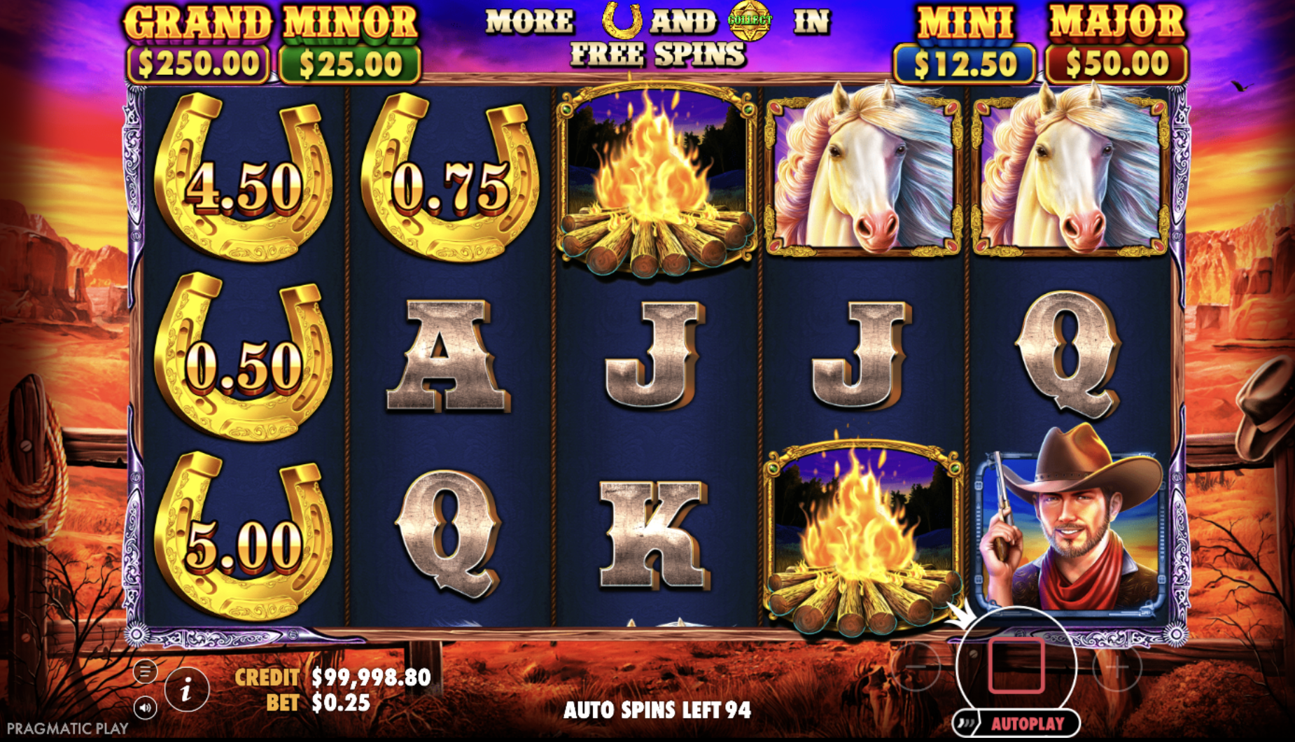 Game interface of Mustang Gold slot with paylines and symbols