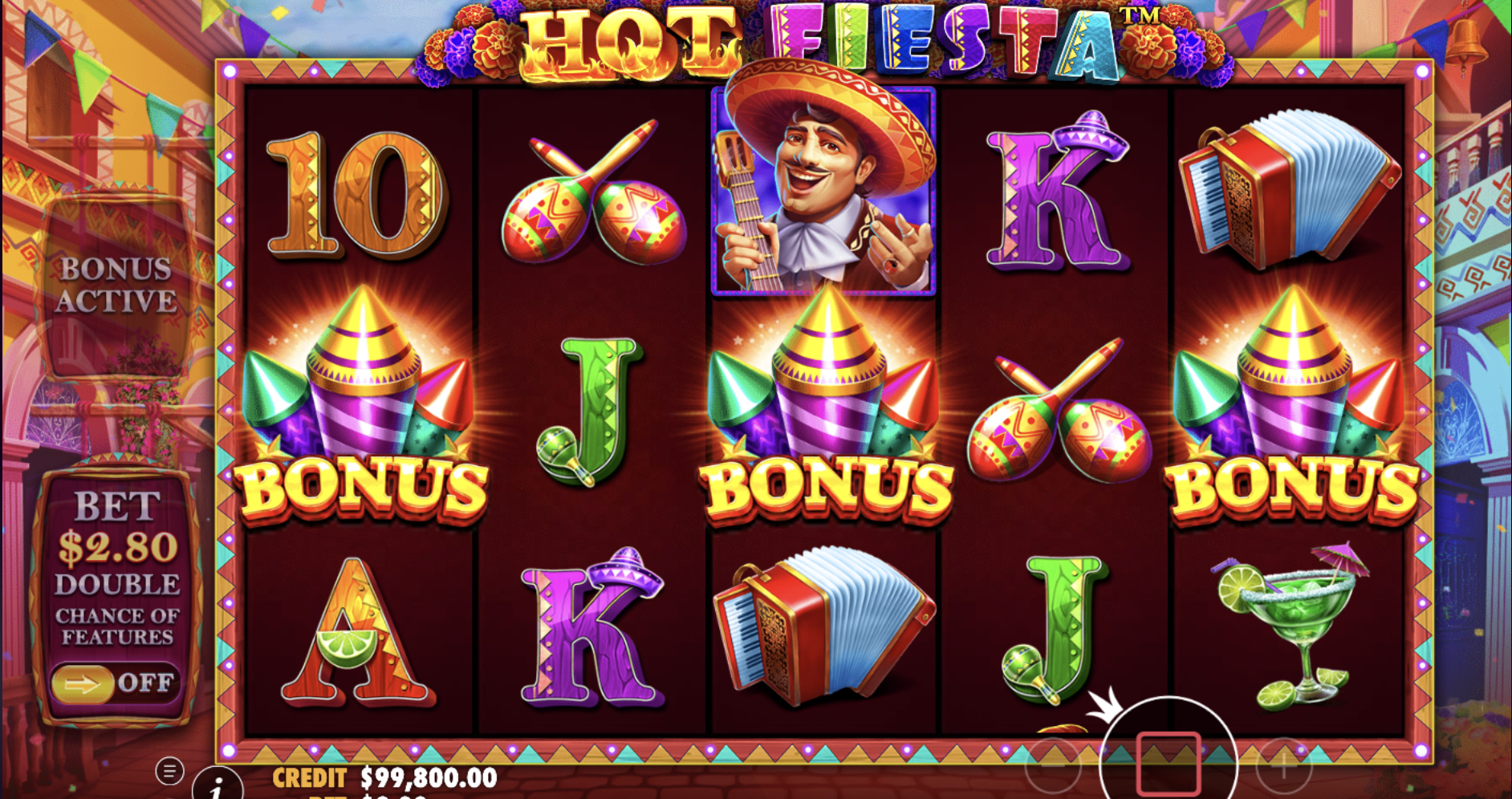 Technical parameters of Hot Fiesta slot including 96.77 percent RTP and medium volatility