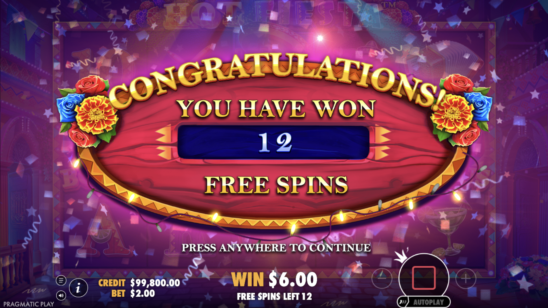 Free spins bonus game in Hot Fiesta slot with win multipliers