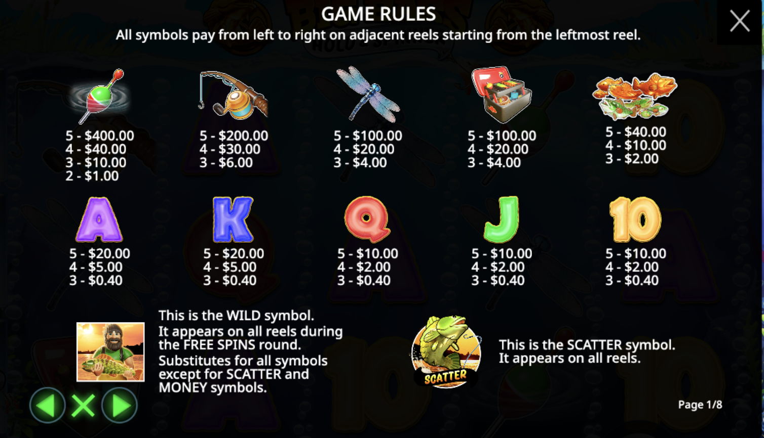 Paytable and symbols in Big Bass Hold Spinner